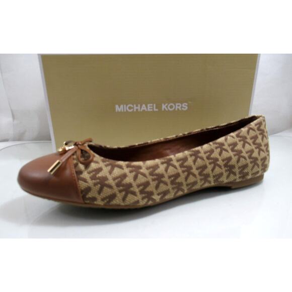 Michael Kors Melody Toe Cap Bow Ballet Flat Shoes MK Logo Beige / Ebony Size 8 - Picture 2 of 8